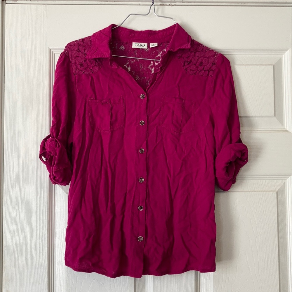 Cato fuchsia lace shoulders button down blouse